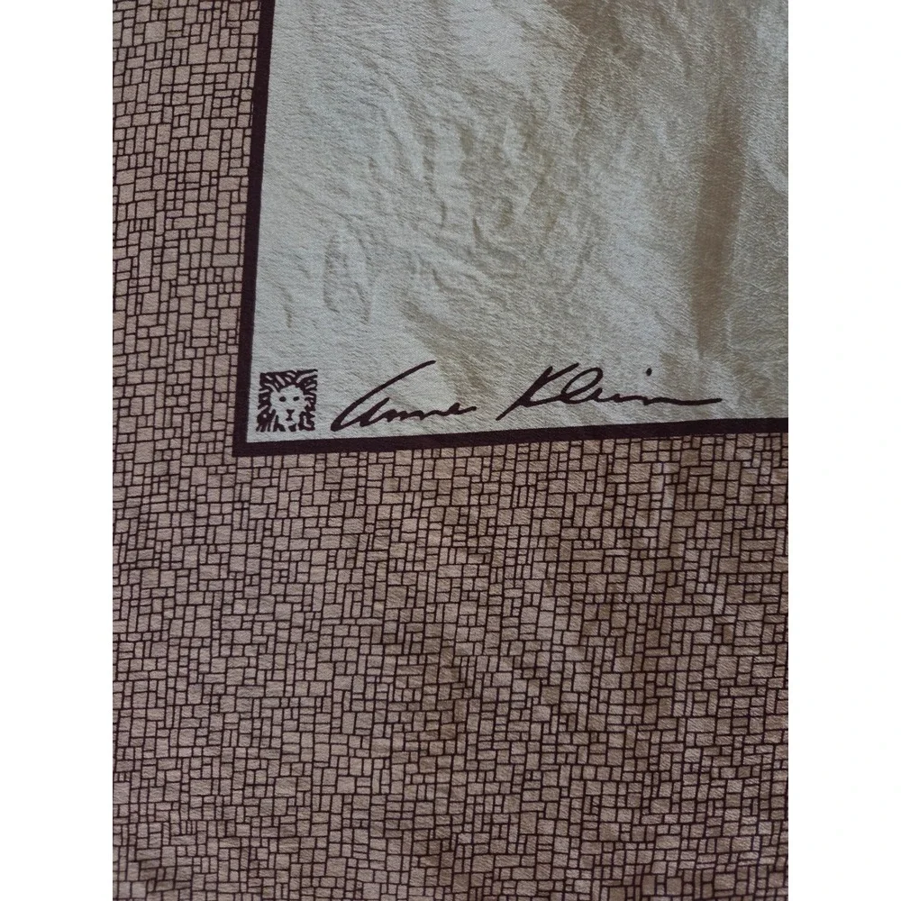 Anne Klein 80s Silk Square Scarf Cream Brown Geometric Grid Border Logo 34